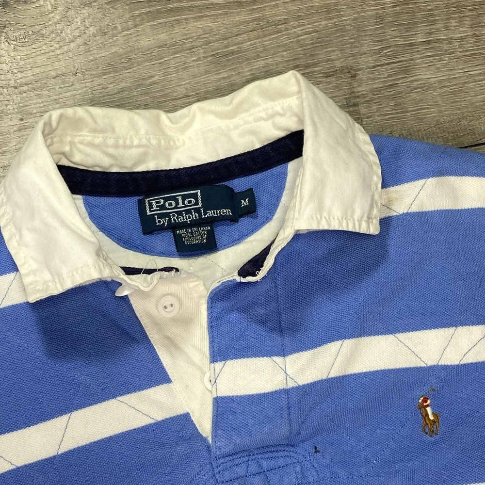 Polo Ralph Lauren Polo Shirt Mens Large Green Navy Striped Custom Fit Rugby Logo - Picture 10 of 16